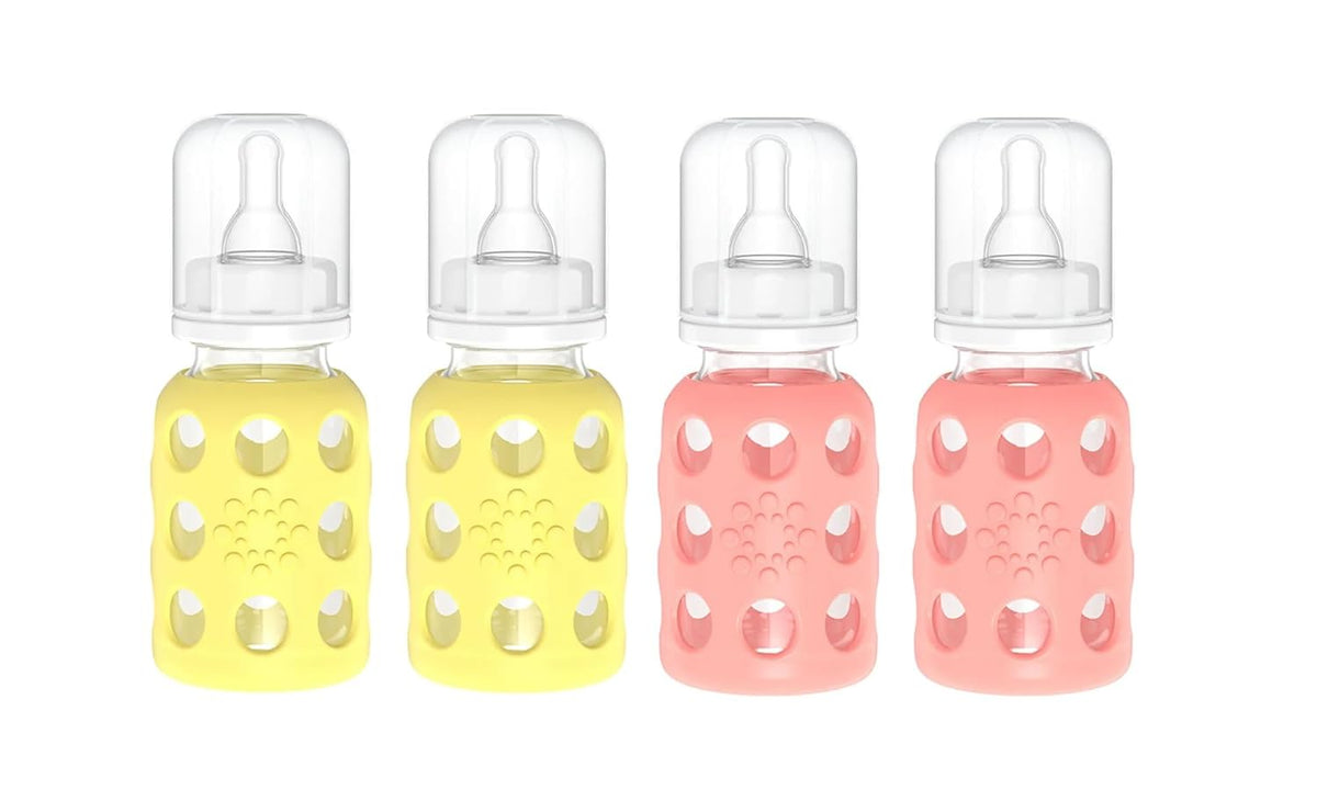 Glass Baby Bottle BPA Free | Protective Silicone Sleeve | 4 oz Pack of 2 | Cantaloupe, Banana - Colors B