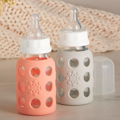 Glass Baby Bottle BPA Free | Protective Silicone Sleeve | 4 oz Pack of 2 | Cantaloupe, Banana - Colors B