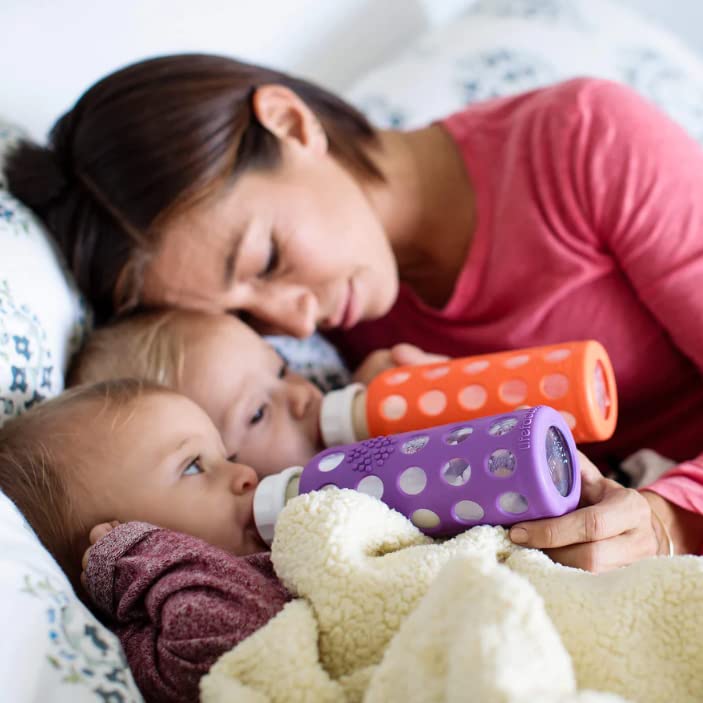 Glass Baby Bottle BPA Free | Protective Silicone Sleeve | 4 oz Pack of 2 | Cantaloupe, Banana - Colors B