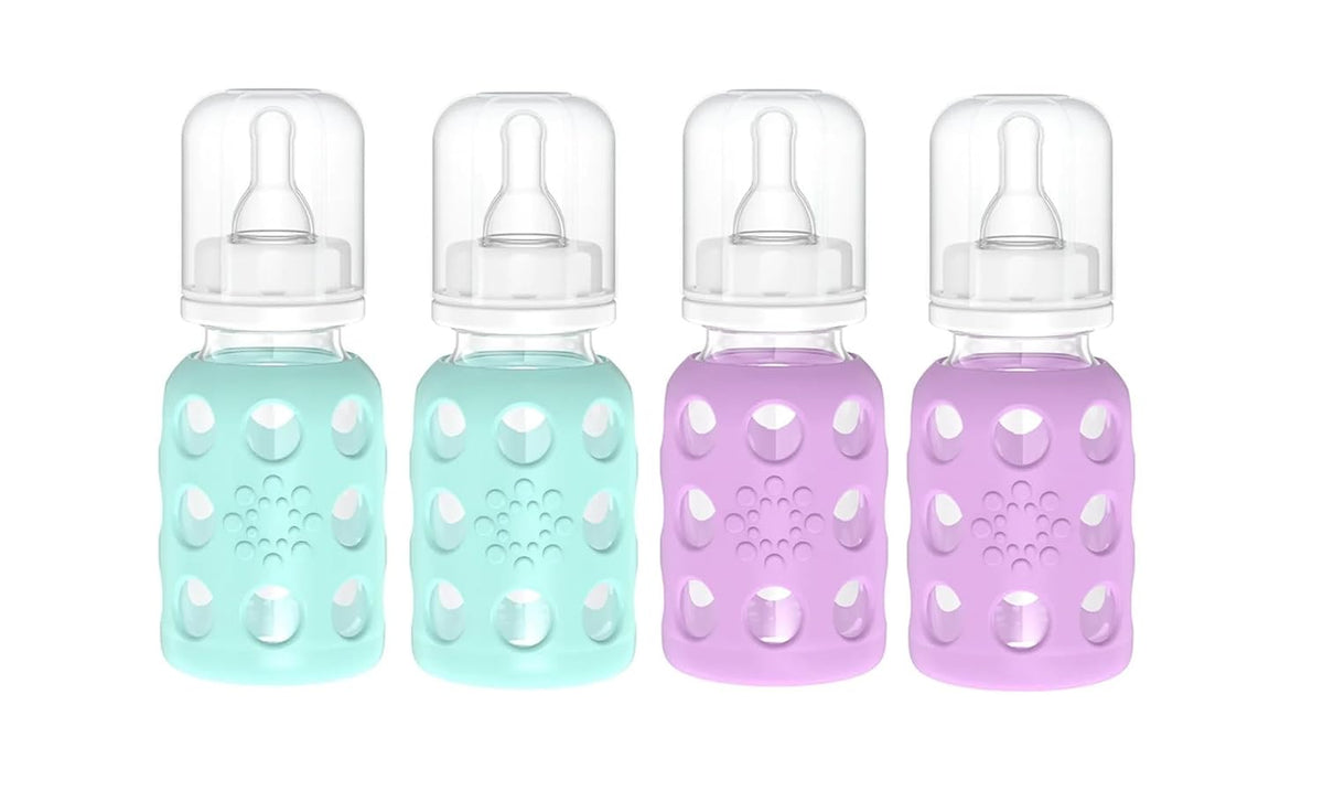 Glass Baby Bottle BPA Free | Protective Silicone Sleeve | 4 oz Pack of 2 | Cantaloupe, Banana - Colors B