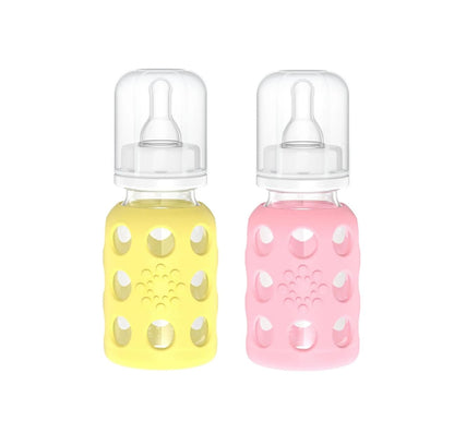 Glass Baby Bottle BPA Free | Protective Silicone Sleeve | 4 oz Pack of 2 | Cantaloupe, Banana - Colors B