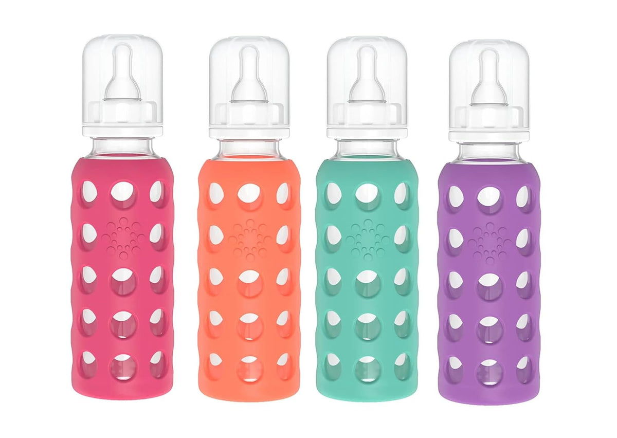 Glass Baby Bottle BPA Free | Protective Silicone Sleeve | 4 oz Pack of 2 | Cantaloupe, Banana - Colors B