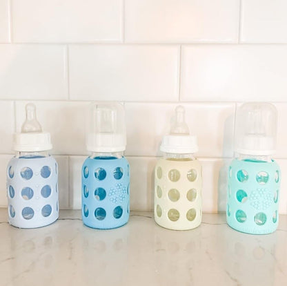 Glass Baby Bottle BPA Free | Protective Silicone Sleeve | 4 oz Pack of 2 | Cantaloupe, Banana - Colors B