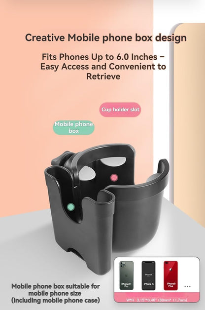 Universal Stroller Cup Holder with Phone Pocket – Dual-Function Baby Bottle and Cup Organizer for Travel (Grey)