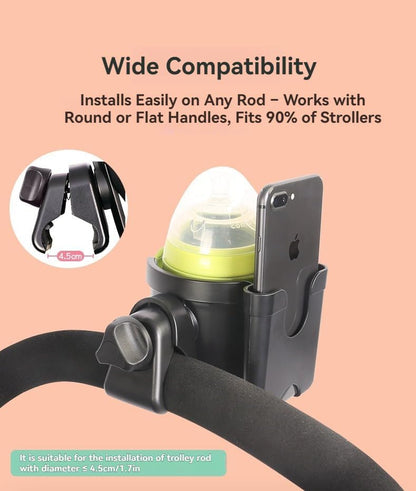 Universal Stroller Cup Holder with Phone Pocket – Dual-Function Baby Bottle and Cup Organizer for Travel (Grey)