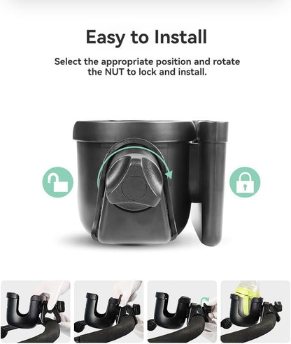 Universal Stroller Cup Holder with Phone Pocket – Dual-Function Baby Bottle and Cup Organizer for Travel (Grey)