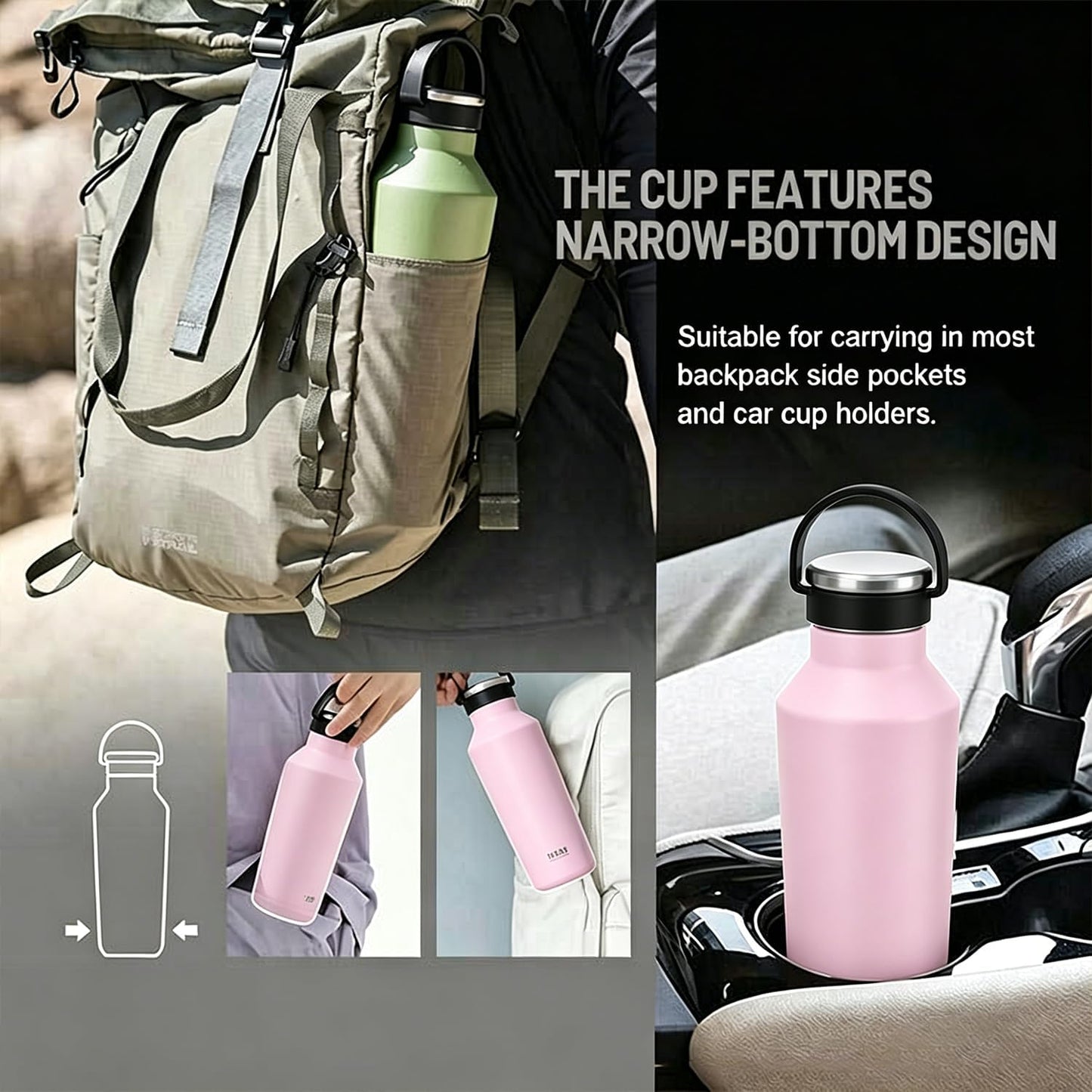 Stainless Steel Vacuum Insulated Water Bottle, Insulated Water Bottle with Soft Silicone Carry Handle (PINK, 17 OZ)