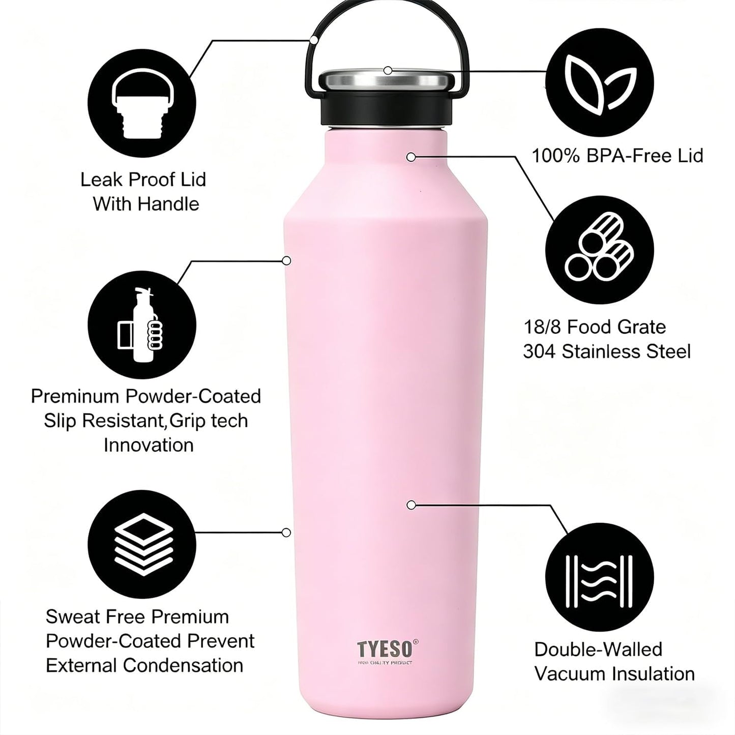 Stainless Steel Vacuum Insulated Water Bottle, Insulated Water Bottle with Soft Silicone Carry Handle (PINK, 17 OZ)
