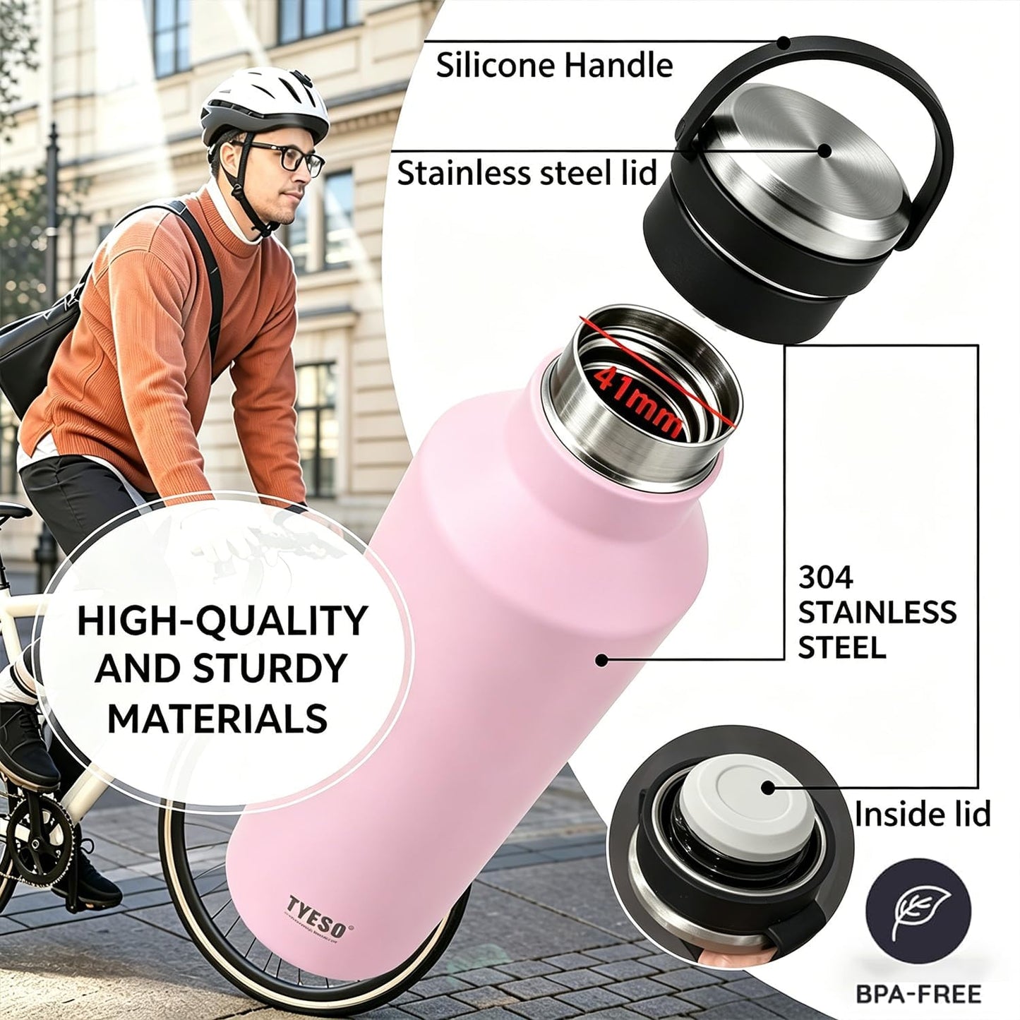 Stainless Steel Vacuum Insulated Water Bottle, Insulated Water Bottle with Soft Silicone Carry Handle (PINK, 17 OZ)