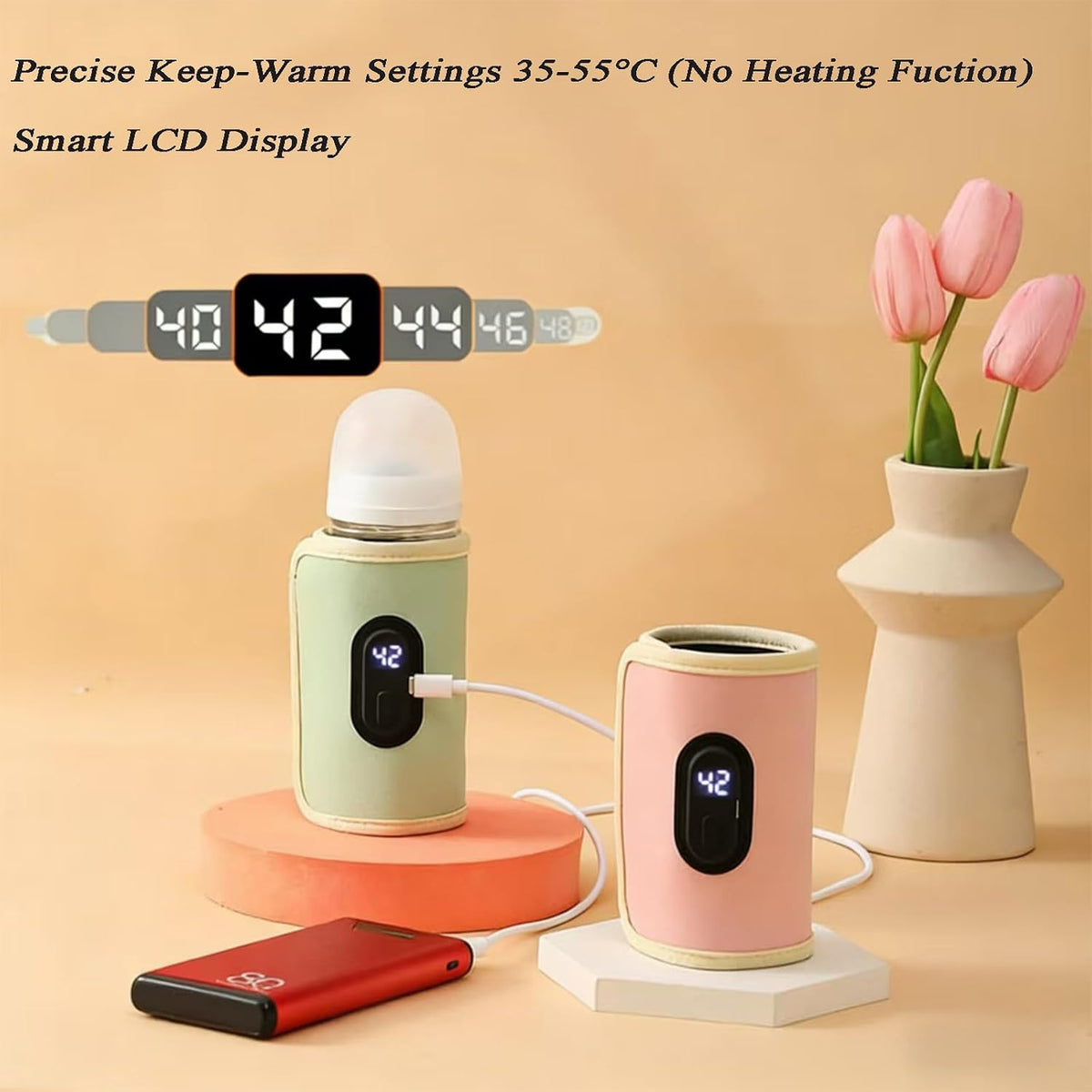 Baby Bottle Warmer,Keep Milk Warm Only (No Heating,Keep Warm only) Temperature Digital USB Portable Warming Sleeve,Portable Thermo Cover with Digital Display & Keep Warm Settings (Pink)