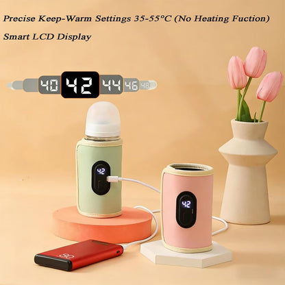Baby Bottle Warmer,Keep Milk Warm Only (No Heating,Keep Warm only) Temperature Digital USB Portable Warming Sleeve,Portable Thermo Cover with Digital Display & Keep Warm Settings (Pink)