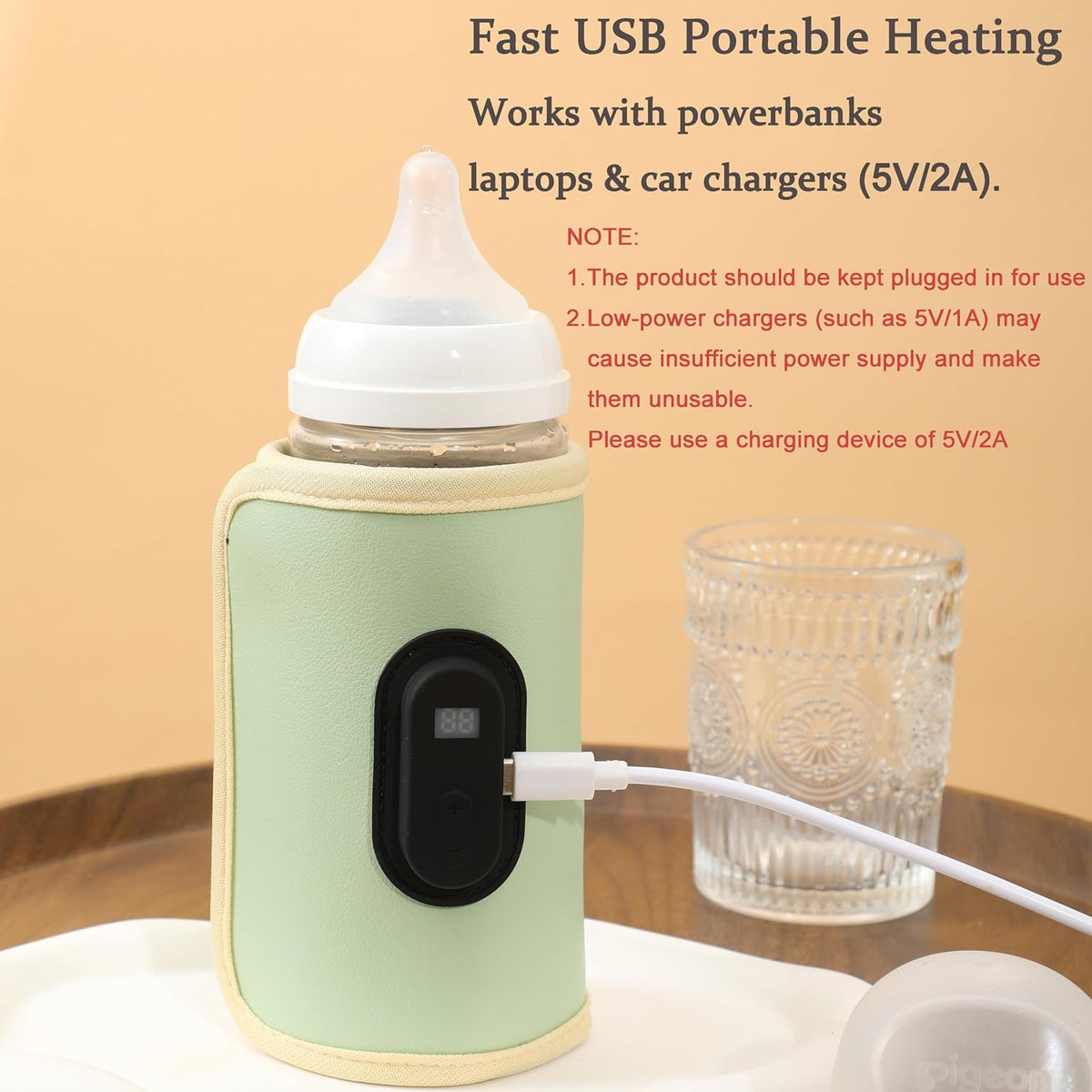Baby Bottle Warmer,Keep Milk Warm Only (No Heating,Keep Warm only) Temperature Digital USB Portable Warming Sleeve,Portable Thermo Cover with Digital Display & Keep Warm Settings (Pink)