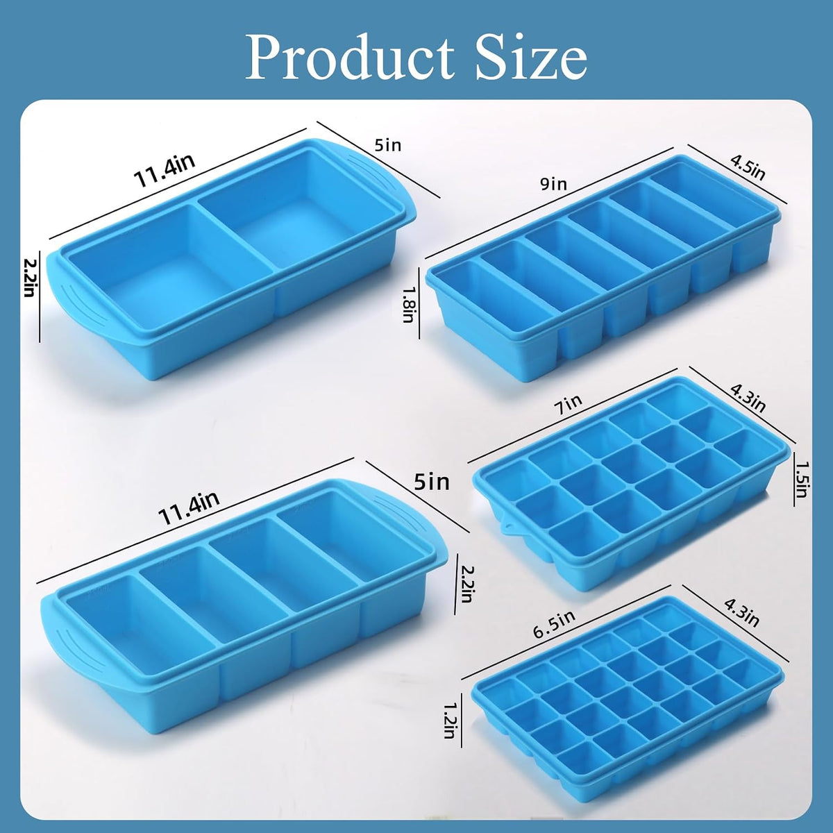 Silicone Freezer Molds Gift Set with 1Tbsp,2 Tbsp, 1/2, 1, and 2 Cup Silicone Freezer Trays With Lids - Meal Prep and Kitchen Essentials Bundle (Blue)
