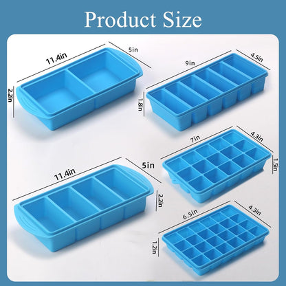 Silicone Freezer Molds Gift Set with 1Tbsp,2 Tbsp, 1/2, 1, and 2 Cup Silicone Freezer Trays With Lids - Meal Prep and Kitchen Essentials Bundle (Blue)