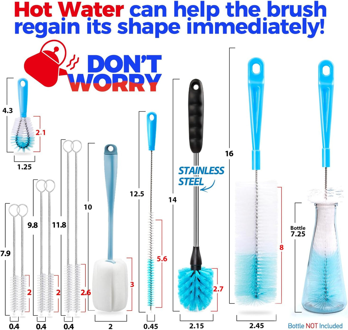 Bottle Brush Tube Cleaning Lab Set with Long Handle,White