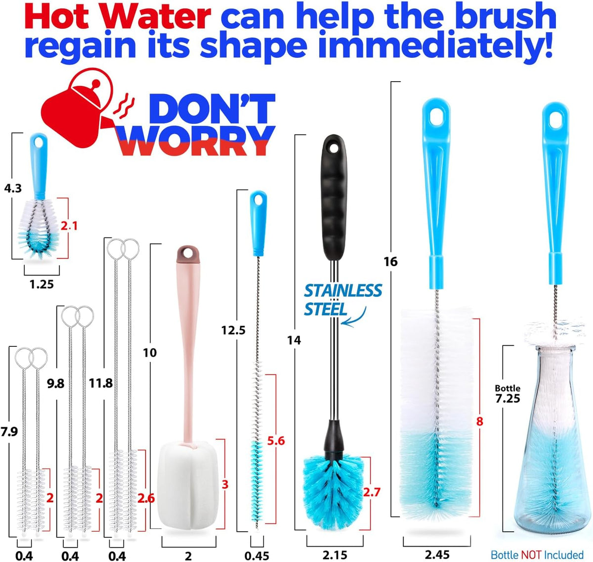 Bottle Brush Tube Cleaning Lab Set with Long Handle,White