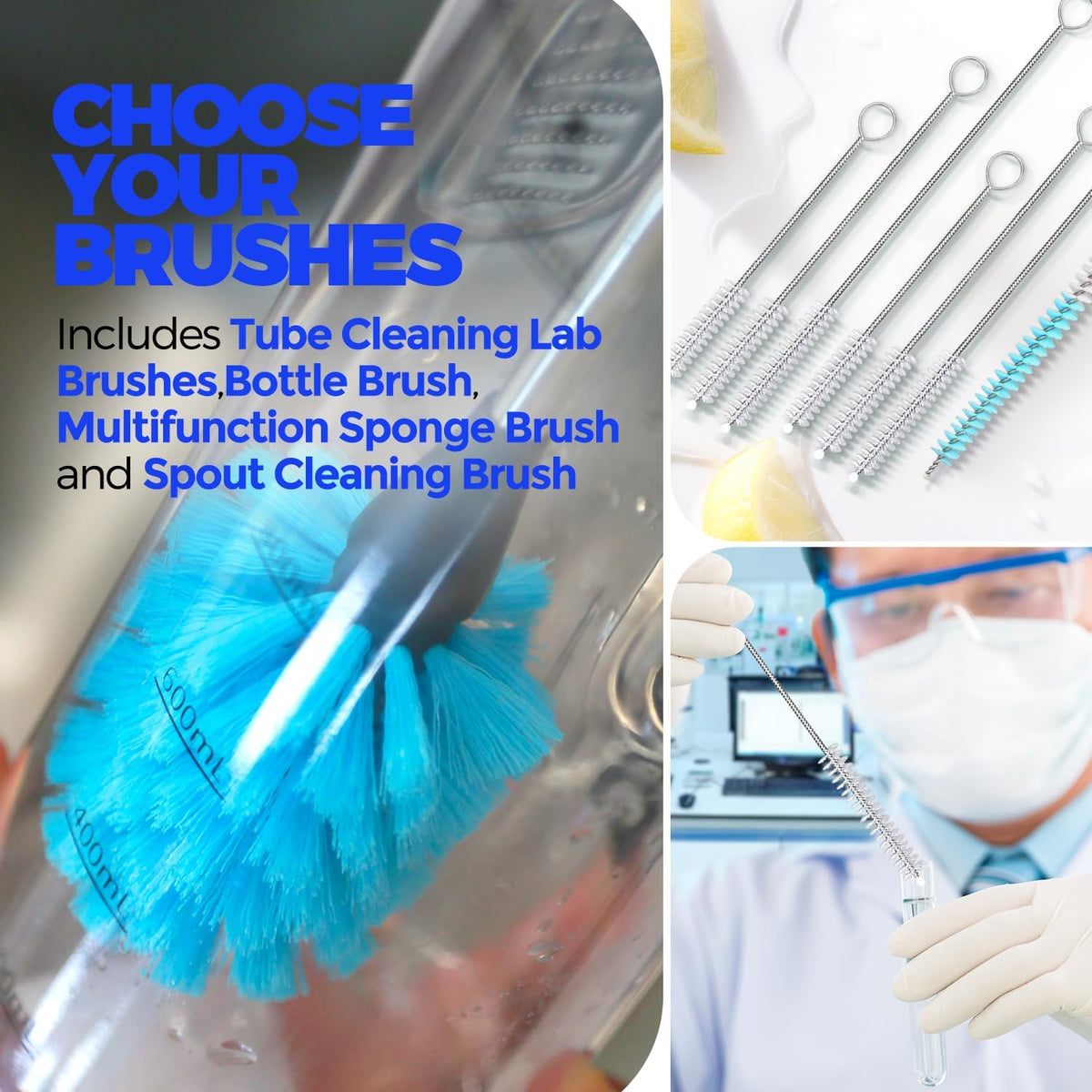 Bottle Brush Tube Cleaning Lab Set with Long Handle,White