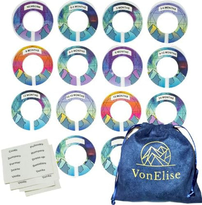 Baby Closet Dividers 14 Pcs Baby Clothes Organizer for Boy or Girl - Double-Sided Baby Clothes Size Age Dividers - 100 Stickers - Unisex Baby Clothes Dividers Nursery Shower - Velvet Bag to Hang