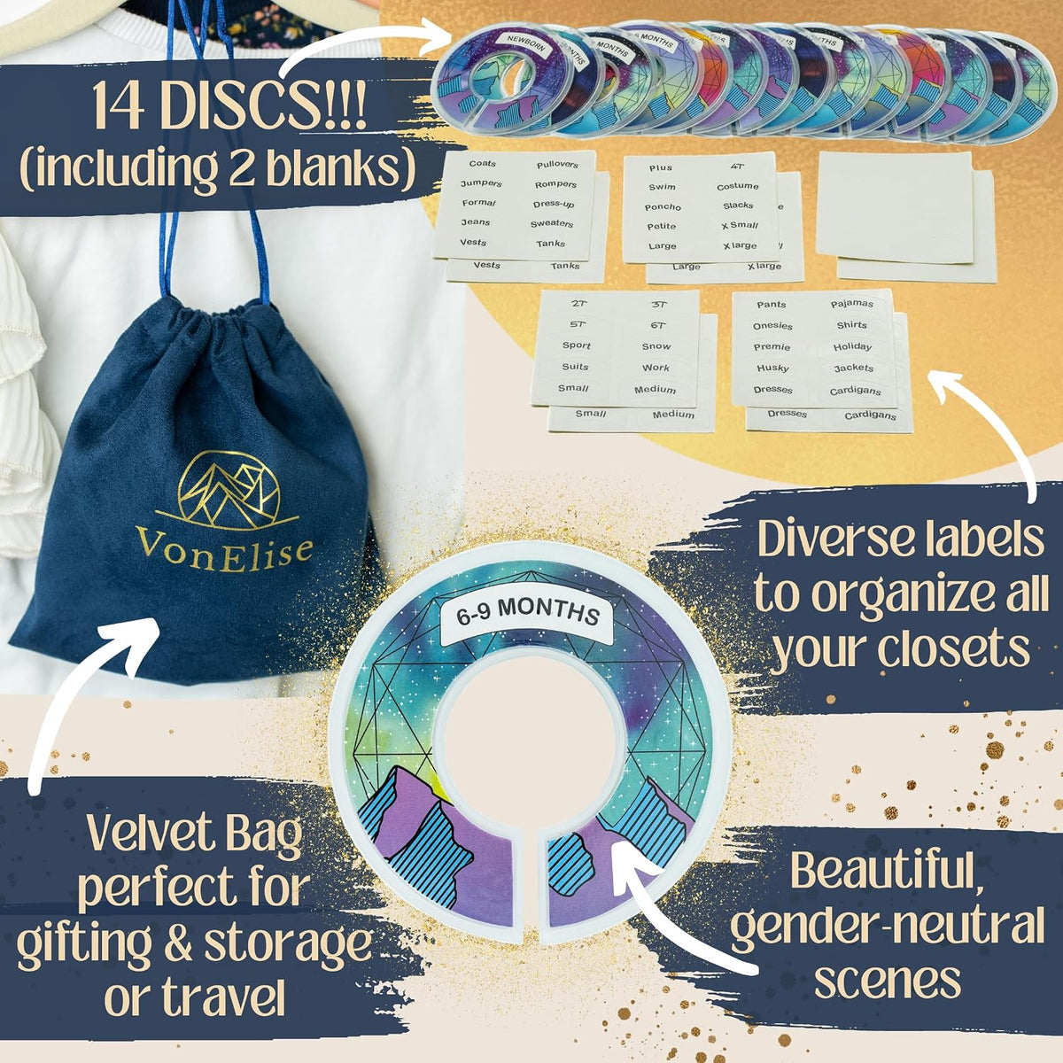 Baby Closet Dividers 14 Pcs Baby Clothes Organizer for Boy or Girl - Double-Sided Baby Clothes Size Age Dividers - 100 Stickers - Unisex Baby Clothes Dividers Nursery Shower - Velvet Bag to Hang
