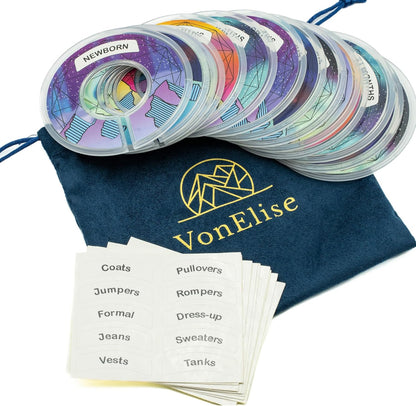 Baby Closet Dividers 14 Pcs Baby Clothes Organizer for Boy or Girl - Double-Sided Baby Clothes Size Age Dividers - 100 Stickers - Unisex Baby Clothes Dividers Nursery Shower - Velvet Bag to Hang