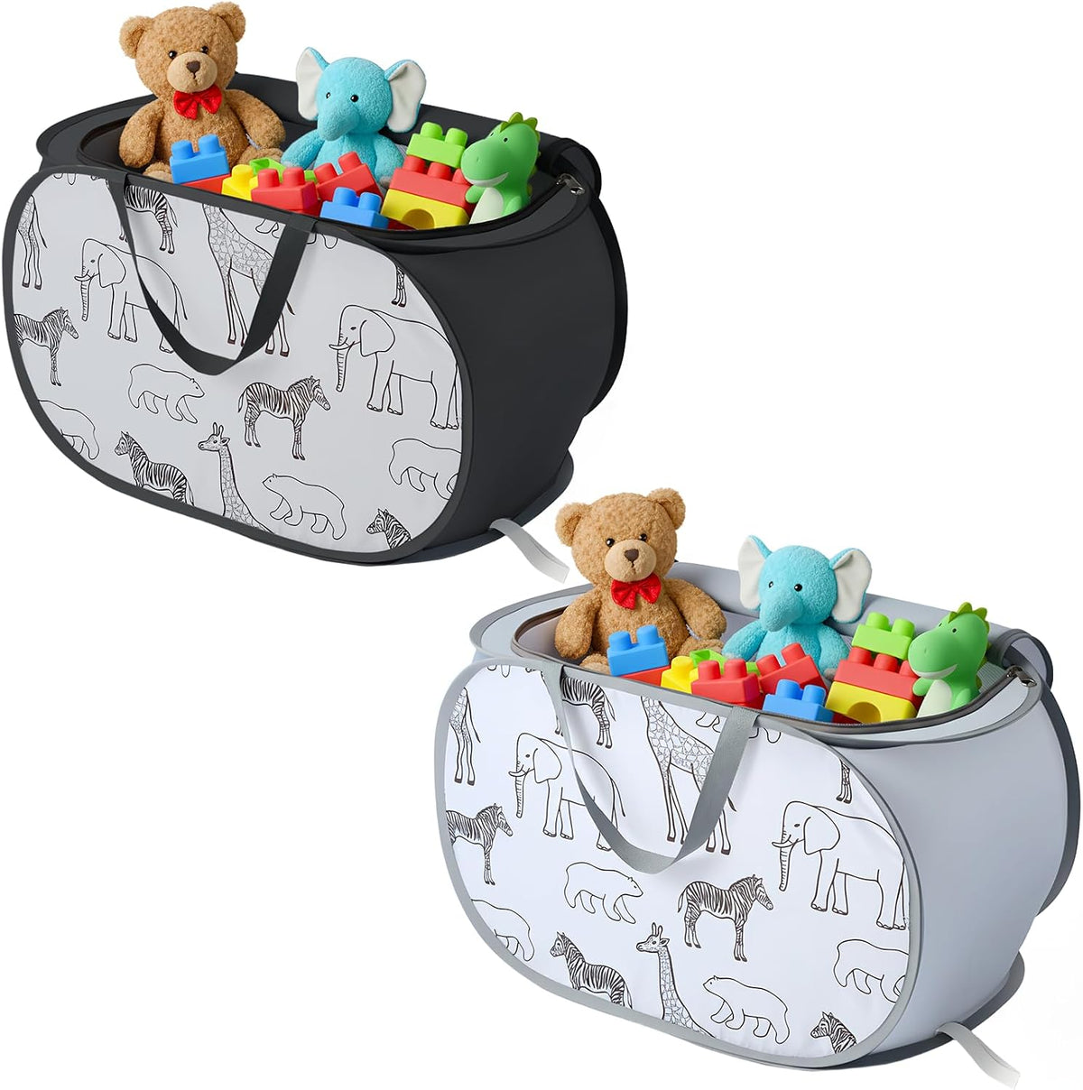 Foldable Toy Storage Basket with Zipper Lid & Handles - Collapsible Stuffed Animal Organizer Bin, Space-Saving Lightweight Toy Chest for Baby, Kids, Nursery, Living Room - Animal Print