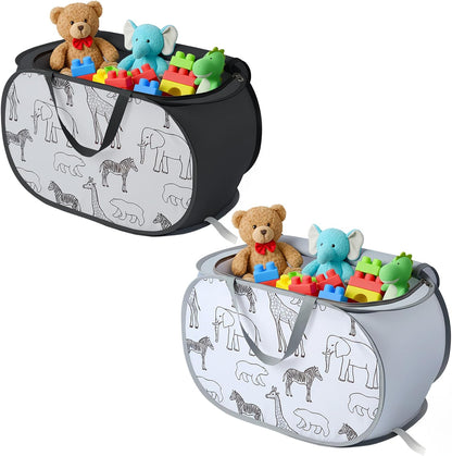Foldable Toy Storage Basket with Zipper Lid & Handles - Collapsible Stuffed Animal Organizer Bin, Space-Saving Lightweight Toy Chest for Baby, Kids, Nursery, Living Room - Animal Print