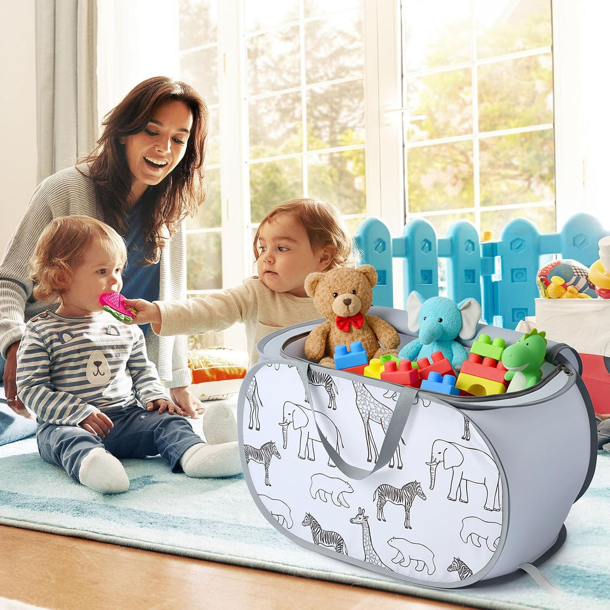 Foldable Toy Storage Basket with Zipper Lid & Handles - Collapsible Stuffed Animal Organizer Bin, Space-Saving Lightweight Toy Chest for Baby, Kids, Nursery, Living Room - Animal Print