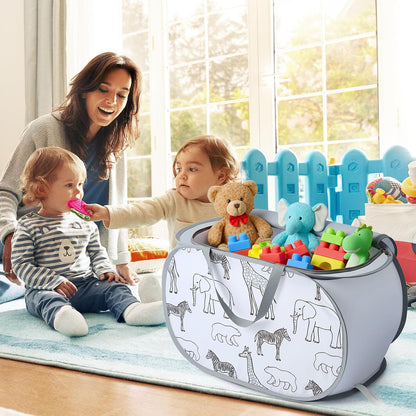 Foldable Toy Storage Basket with Zipper Lid & Handles - Collapsible Stuffed Animal Organizer Bin, Space-Saving Lightweight Toy Chest for Baby, Kids, Nursery, Living Room - Animal Print