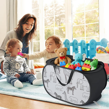 Foldable Toy Storage Basket with Zipper Lid & Handles - Collapsible Stuffed Animal Organizer Bin, Space-Saving Lightweight Toy Chest for Baby, Kids, Nursery, Living Room - Animal Print