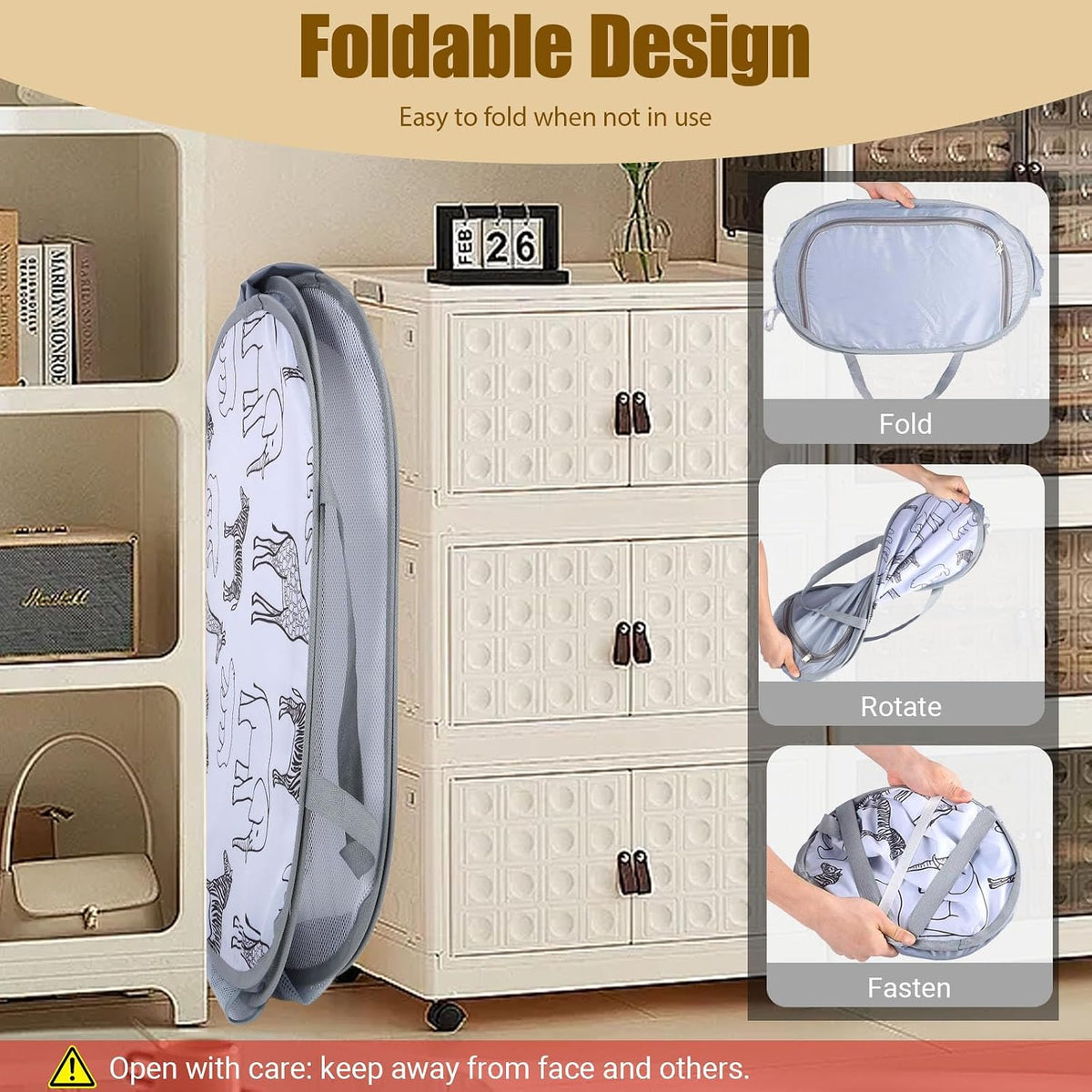 Foldable Toy Storage Basket with Zipper Lid & Handles - Collapsible Stuffed Animal Organizer Bin, Space-Saving Lightweight Toy Chest for Baby, Kids, Nursery, Living Room - Animal Print