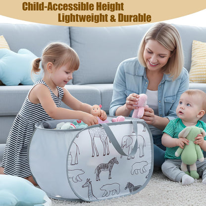 Foldable Toy Storage Basket with Zipper Lid & Handles - Collapsible Stuffed Animal Organizer Bin, Space-Saving Lightweight Toy Chest for Baby, Kids, Nursery, Living Room - Animal Print