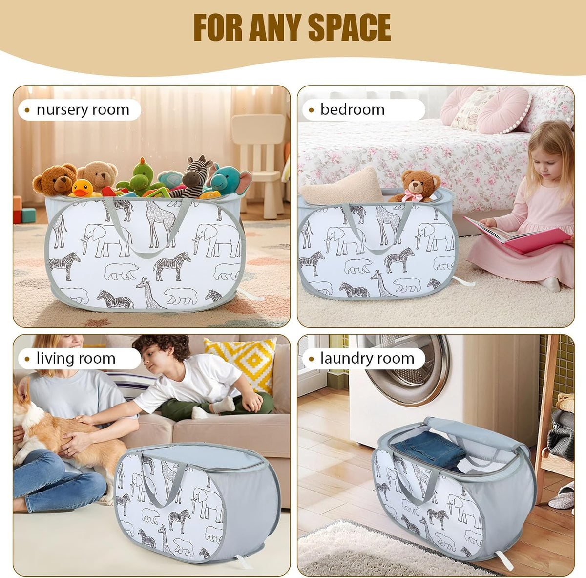 Foldable Toy Storage Basket with Zipper Lid & Handles - Collapsible Stuffed Animal Organizer Bin, Space-Saving Lightweight Toy Chest for Baby, Kids, Nursery, Living Room - Animal Print