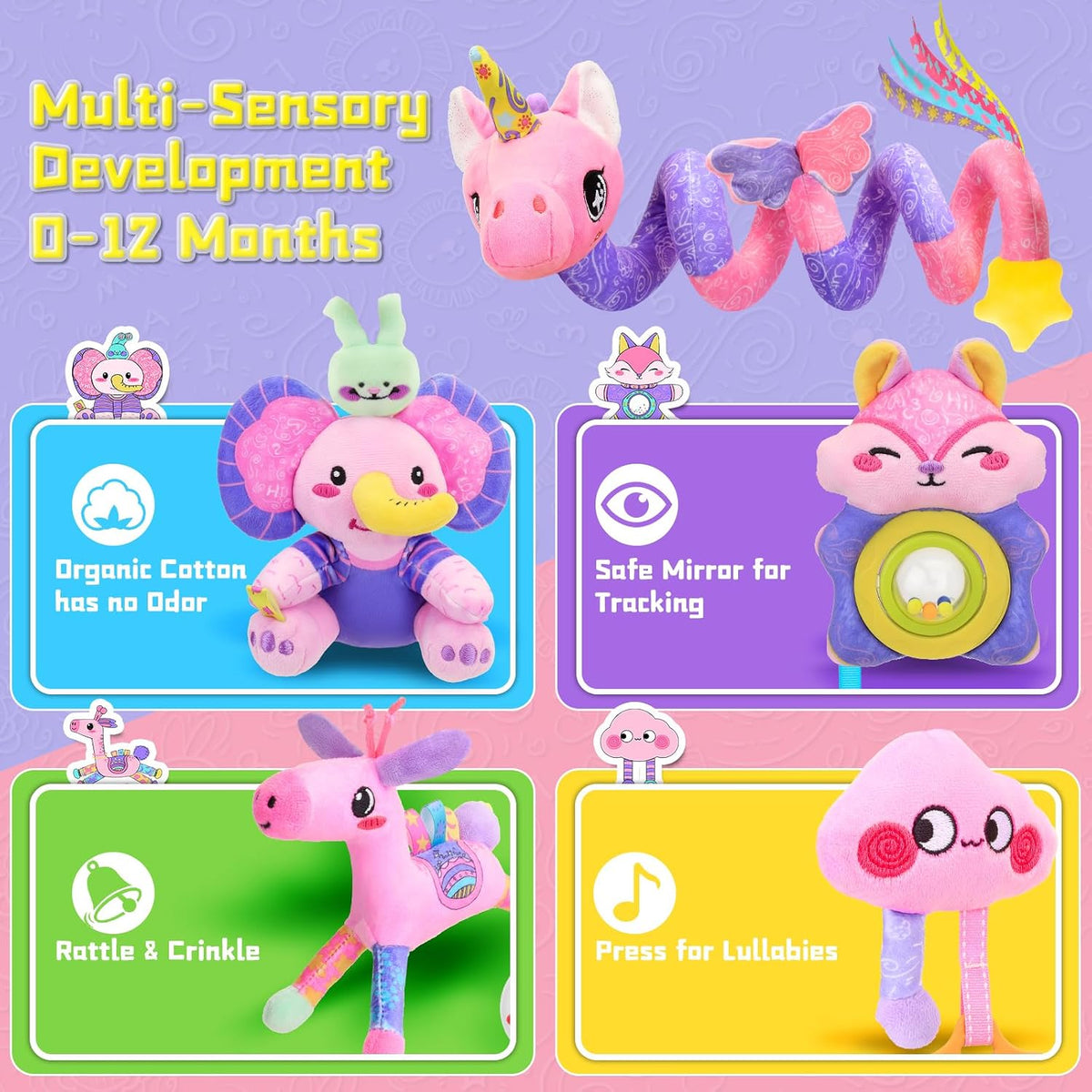 Musical Car Seat Toy for Babies 0-12 Months, Pink Unicorn