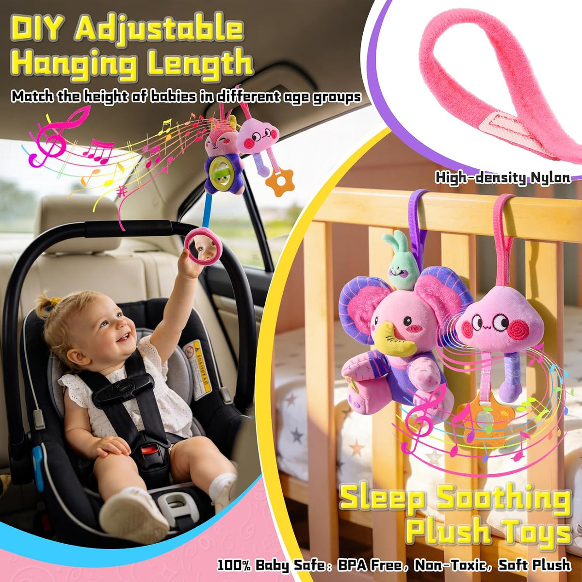 Musical Car Seat Toy for Babies 0-12 Months, Pink Unicorn