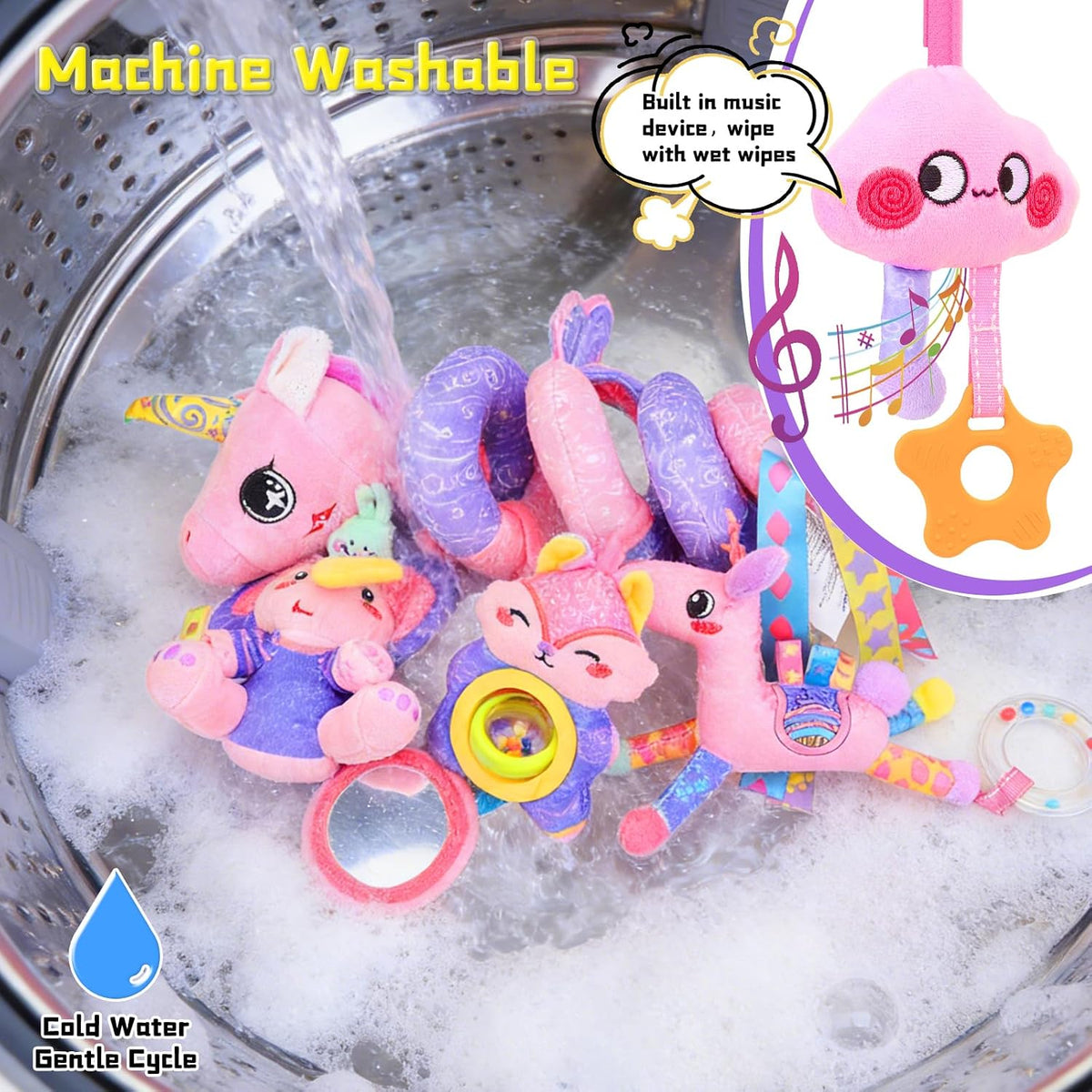 Musical Car Seat Toy for Babies 0-12 Months, Pink Unicorn