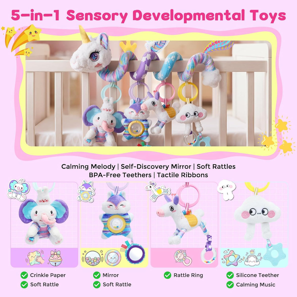 Musical Car Seat Toy for Babies 0-12 Months, Pink Unicorn