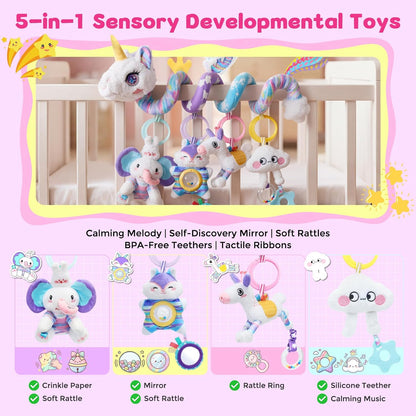 Musical Car Seat Toy for Babies 0-12 Months, Pink Unicorn