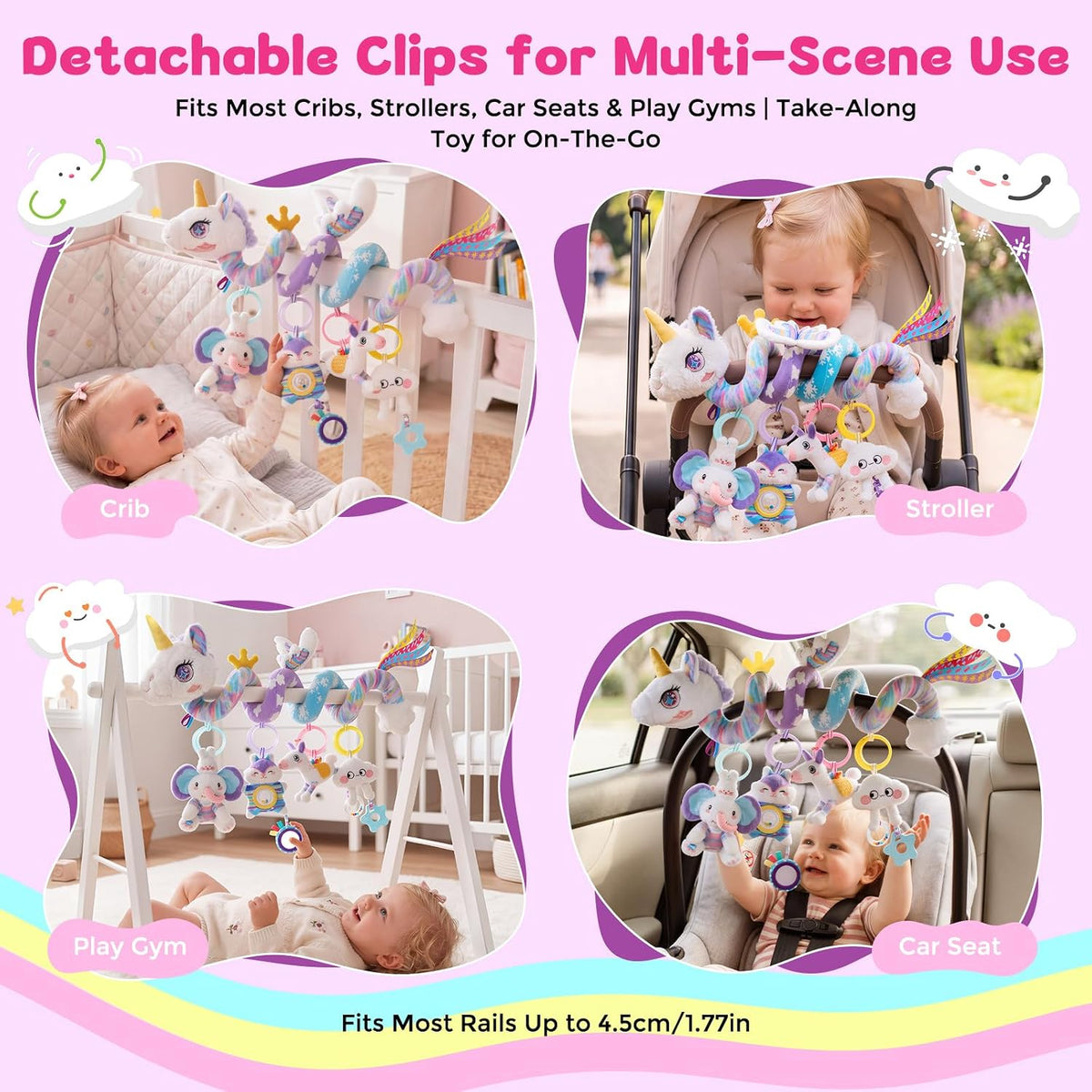 Musical Car Seat Toy for Babies 0-12 Months, Pink Unicorn