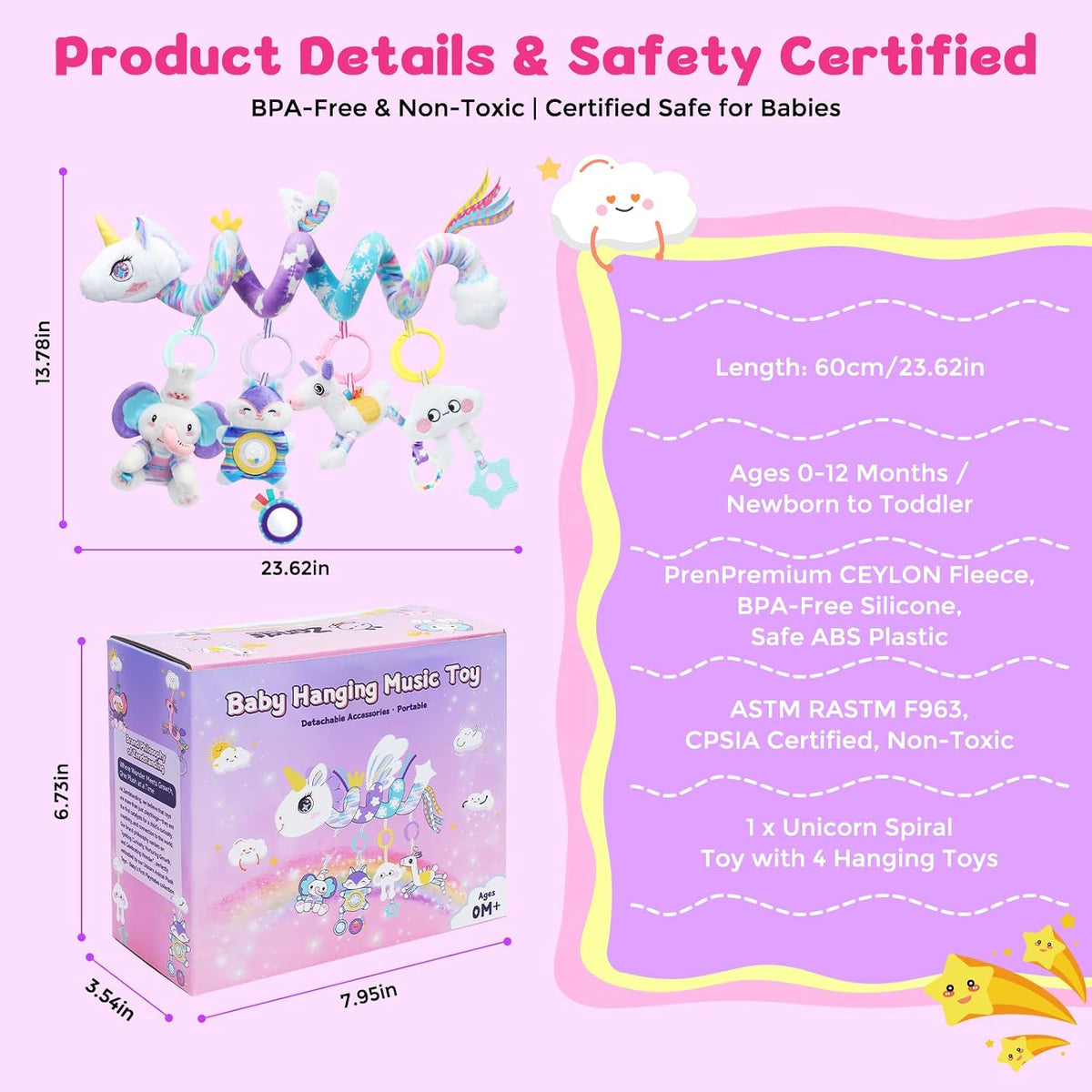 Musical Car Seat Toy for Babies 0-12 Months, Pink Unicorn