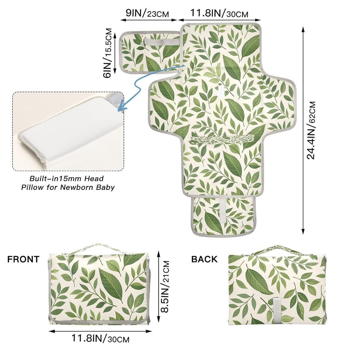 Leaves Portable Diaper Changing Pad, Waterproof Baby Changing Mat with Storage Pocket & Built-in Pillow, Foldable Travel Pad, Newborn Gift Set for Boy Girl
