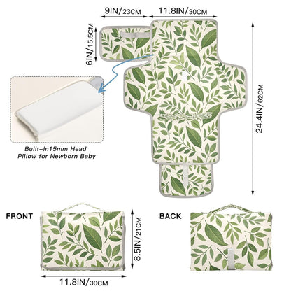 Leaves Portable Diaper Changing Pad, Waterproof Baby Changing Mat with Storage Pocket & Built-in Pillow, Foldable Travel Pad, Newborn Gift Set for Boy Girl