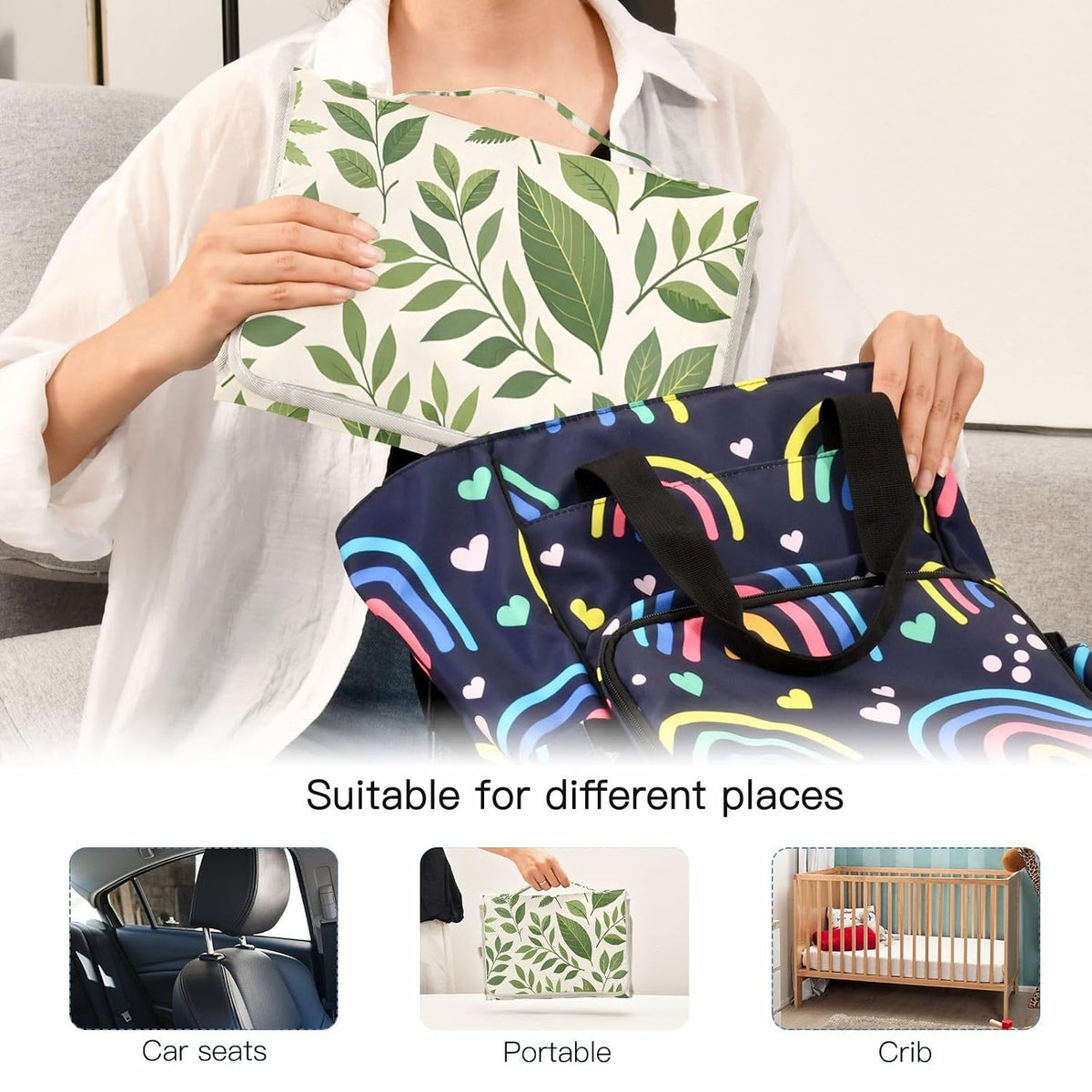 Leaves Portable Diaper Changing Pad, Waterproof Baby Changing Mat with Storage Pocket & Built-in Pillow, Foldable Travel Pad, Newborn Gift Set for Boy Girl