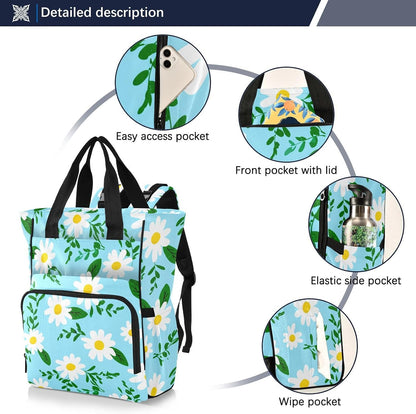 Diaper Bag Backpack, Multifunction Travel Bag for Moms Dads, Baby Changing Bag with Insulted Pockets, Stroller Straps and Side Bottle Pockets Daisy Pattern