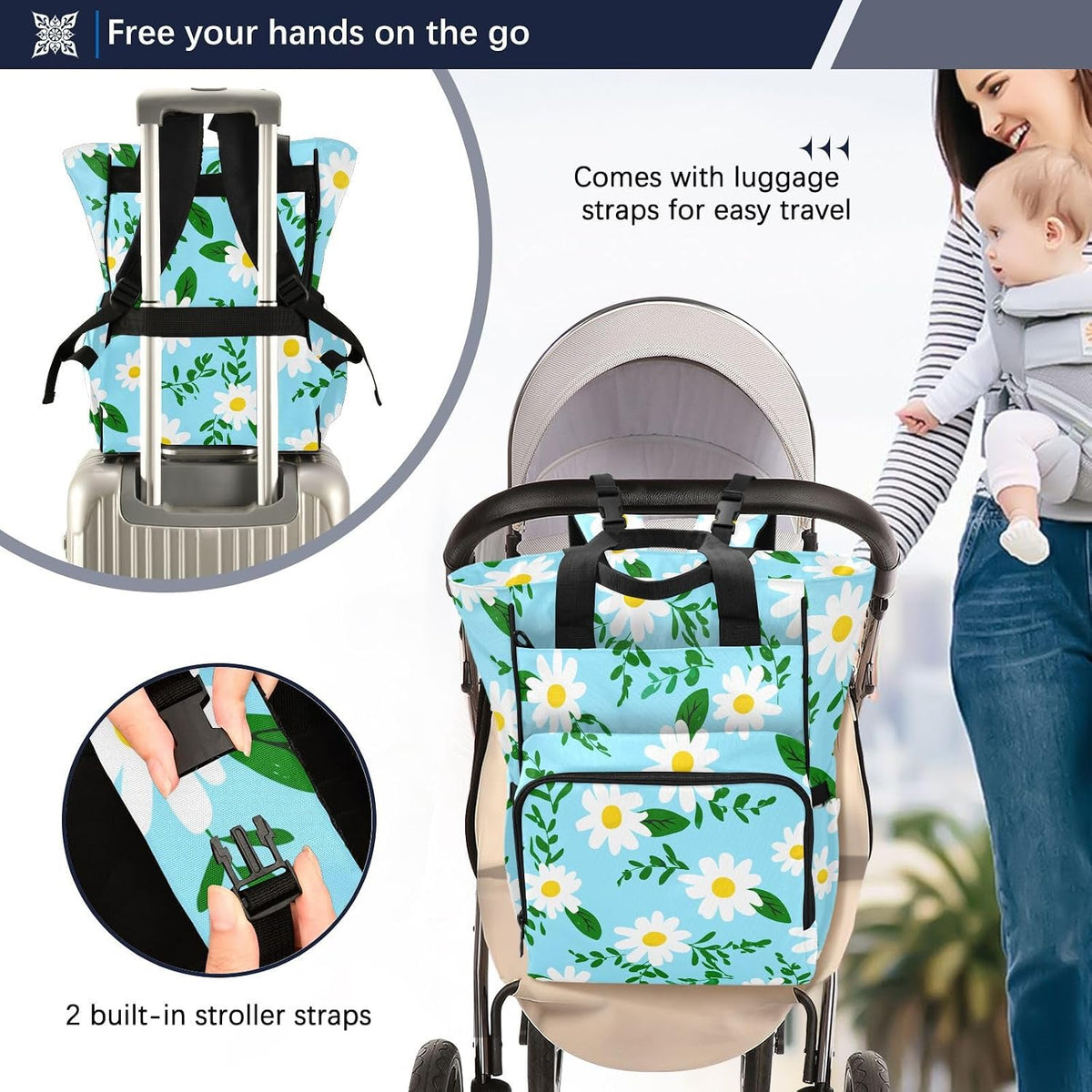 Diaper Bag Backpack, Multifunction Travel Bag for Moms Dads, Baby Changing Bag with Insulted Pockets, Stroller Straps and Side Bottle Pockets Daisy Pattern