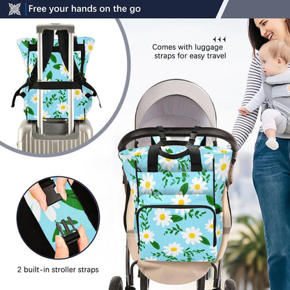 Diaper Bag Backpack, Multifunction Travel Bag for Moms Dads, Baby Changing Bag with Insulted Pockets, Stroller Straps and Side Bottle Pockets Daisy Pattern