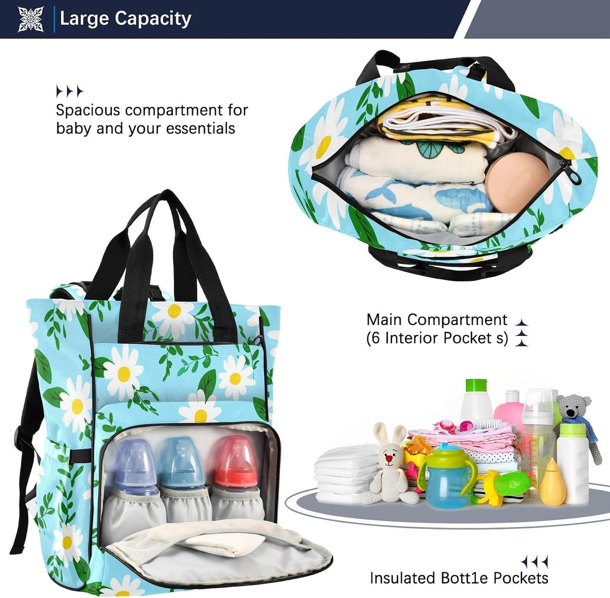 Diaper Bag Backpack, Multifunction Travel Bag for Moms Dads, Baby Changing Bag with Insulted Pockets, Stroller Straps and Side Bottle Pockets Daisy Pattern