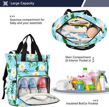 Diaper Bag Backpack, Multifunction Travel Bag for Moms Dads, Baby Changing Bag with Insulted Pockets, Stroller Straps and Side Bottle Pockets Daisy Pattern