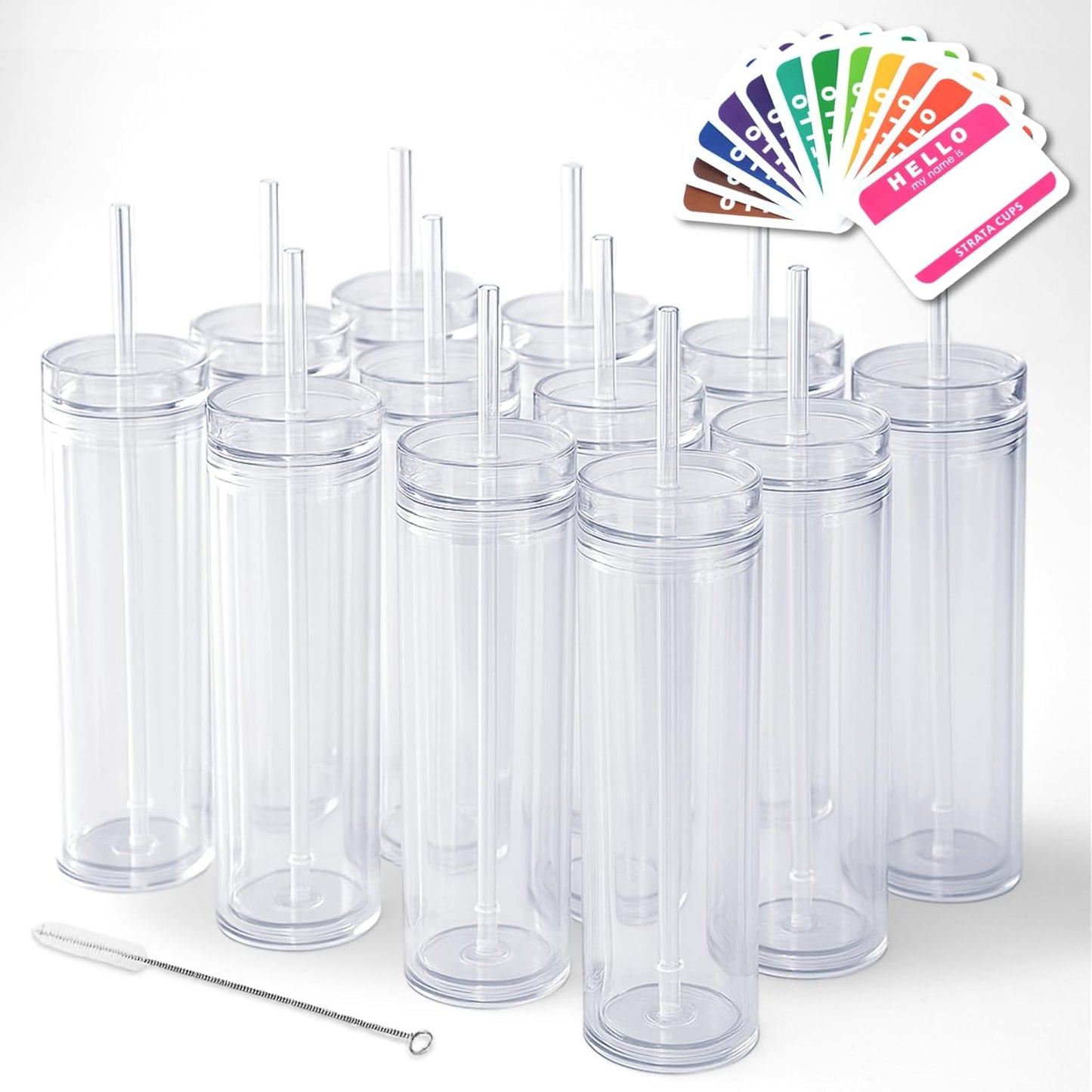 12 Clear Skinny Tumblers with Lids and Straws | 16oz Reusable Cup Double-Wall Clear Tumbler with Lid and Straw, Durable Acrylic Tumblers With FREE Straw Cleaner & Name Tags