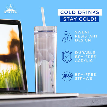 12 Clear Skinny Tumblers with Lids and Straws | 16oz Reusable Cup Double-Wall Clear Tumbler with Lid and Straw, Durable Acrylic Tumblers With FREE Straw Cleaner & Name Tags