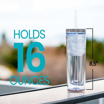 12 Clear Skinny Tumblers with Lids and Straws | 16oz Reusable Cup Double-Wall Clear Tumbler with Lid and Straw, Durable Acrylic Tumblers With FREE Straw Cleaner & Name Tags